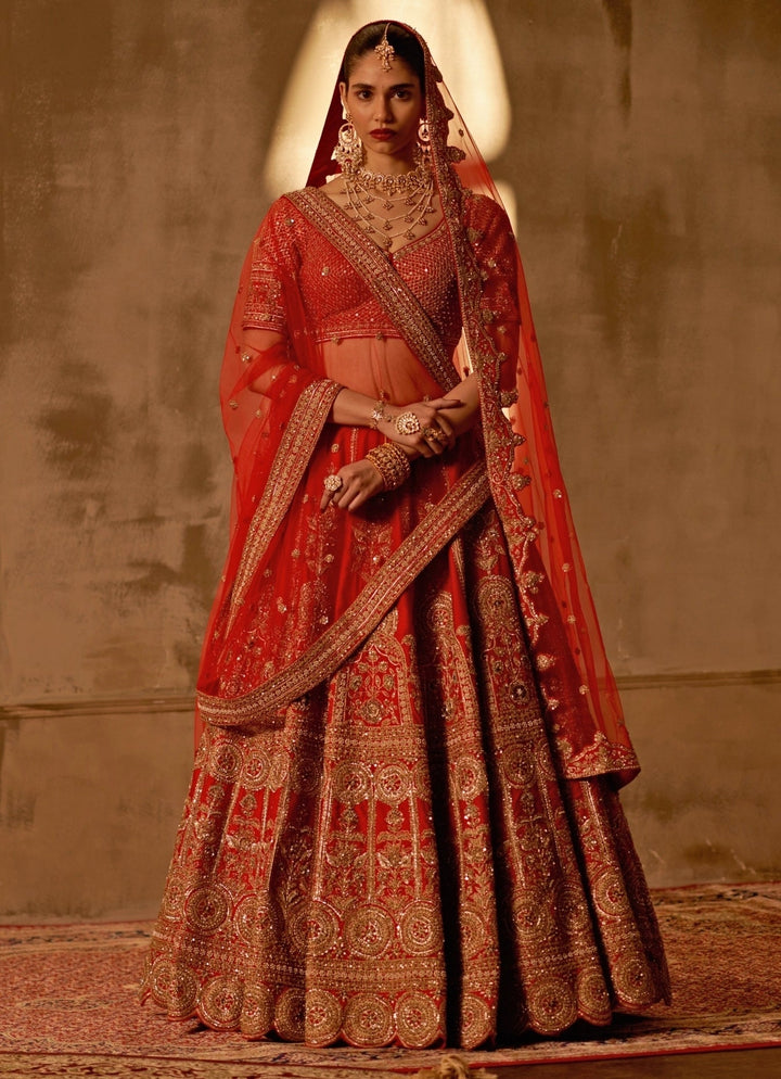 Red Raw Silk Double Dupatta Bridal Lehenga Set Angad Singh - Fabilicious Fashion