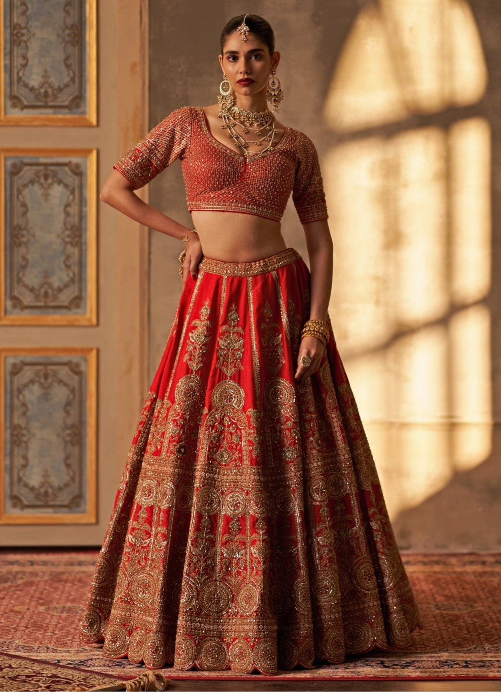 Red Raw Silk Double Dupatta Bridal Lehenga Set Angad Singh - Fabilicious Fashion