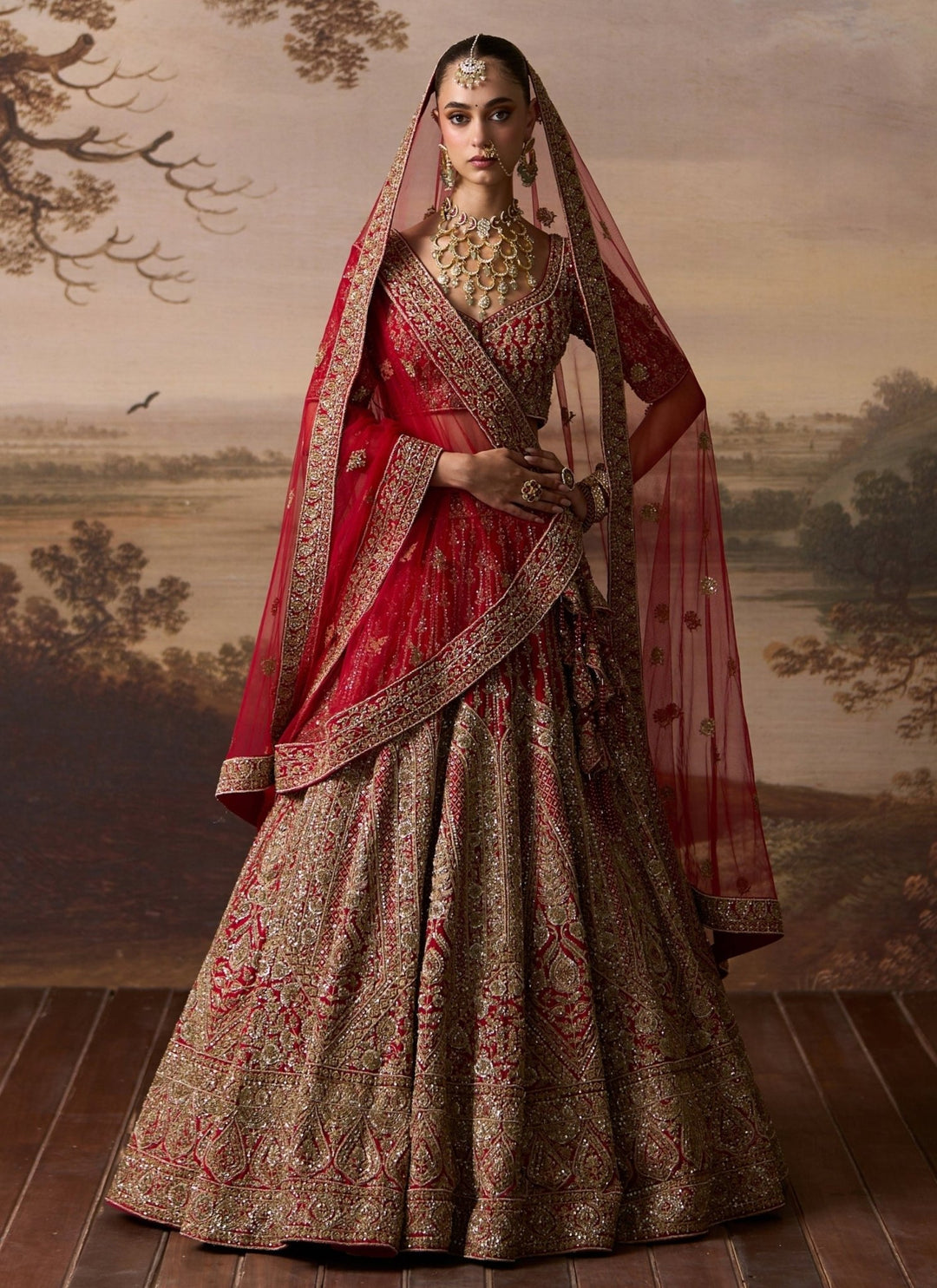 Angad Singh Red Raw Silk Double Dupatta Bridal LehengaFabilicious Fashion