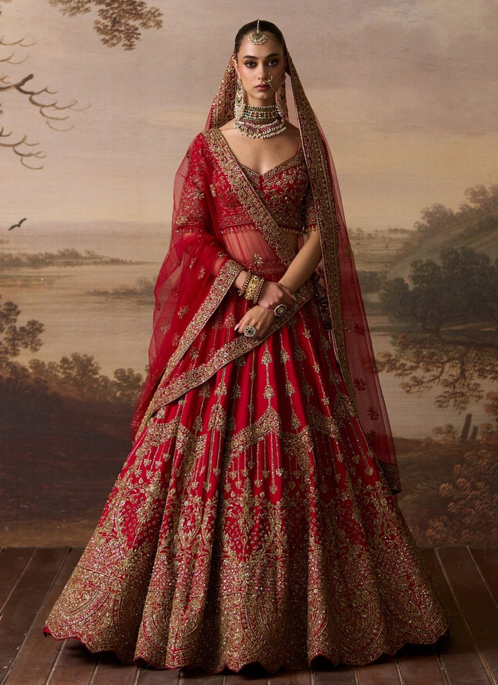 Angad Singh Red Raw Silk Double Dupatta Bridal LehengaFabilicious Fashion