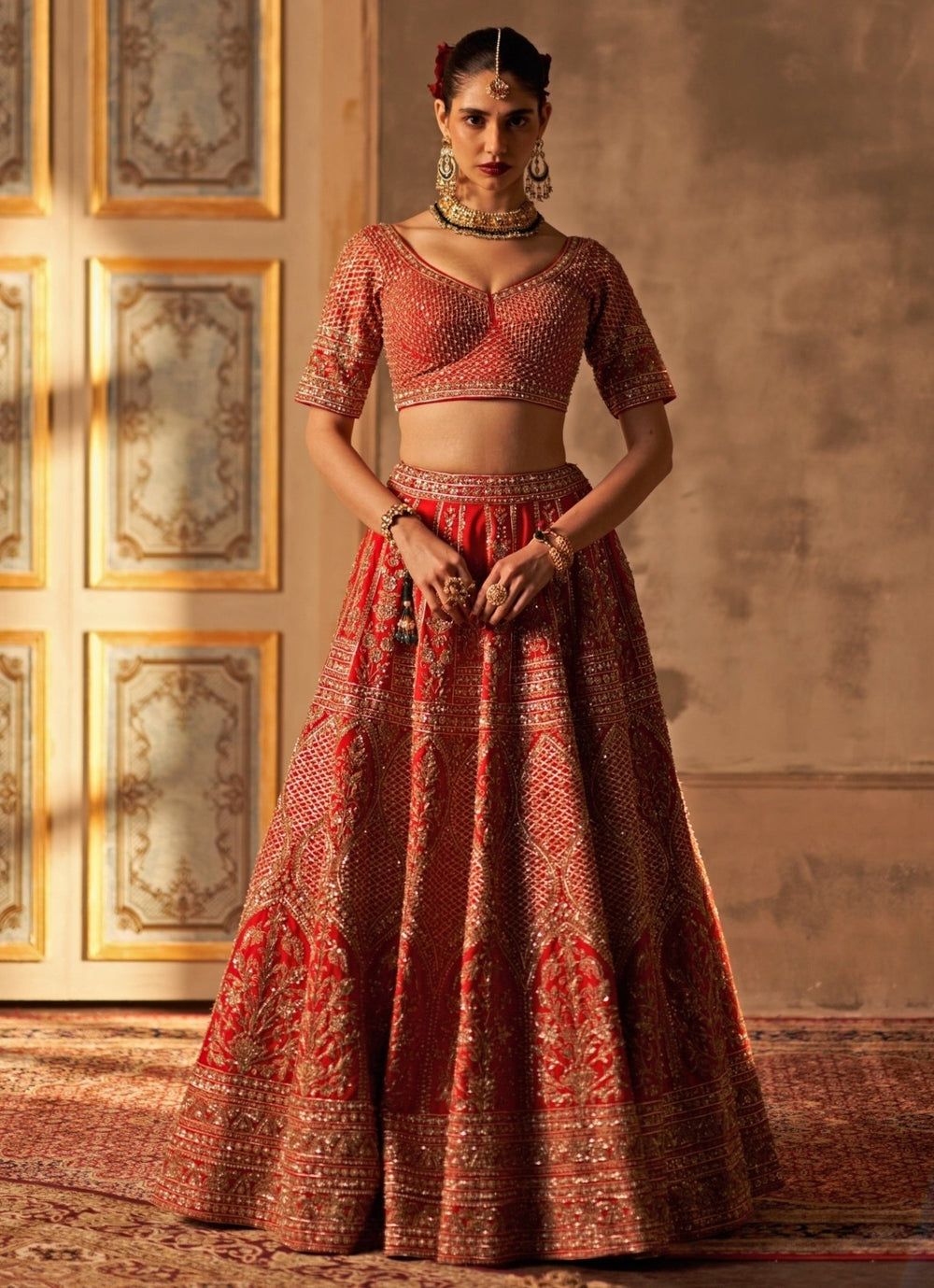 Red Raw Silk Double Dupatta Lehenga Set Angad Singh - Fabilicious Fashion