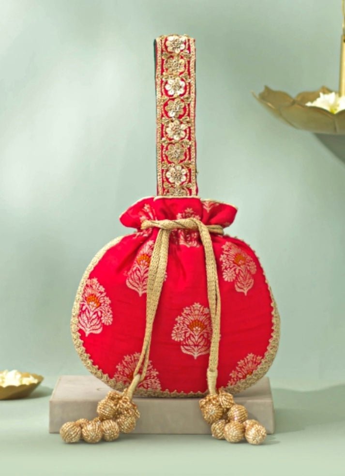 Red Raw Silk Embroidered Potli AMYRA - Fabilicious Fashion