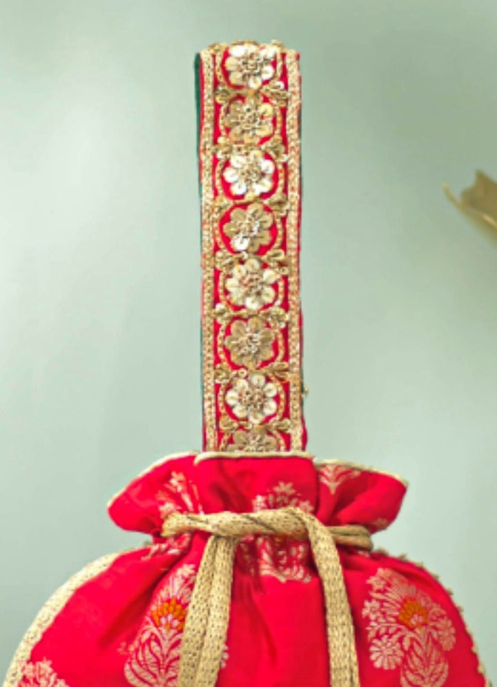 Red Raw Silk Embroidered Potli AMYRA - Fabilicious Fashion