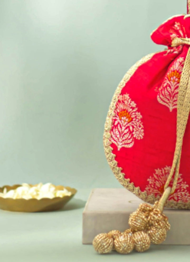 Red Raw Silk Embroidered Potli AMYRA - Fabilicious Fashion