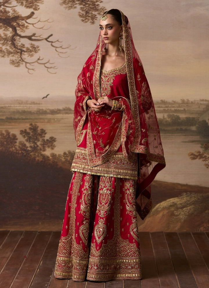 Angad Singh Red Raw Silk Kurta Sharara SetFabilicious Fashion