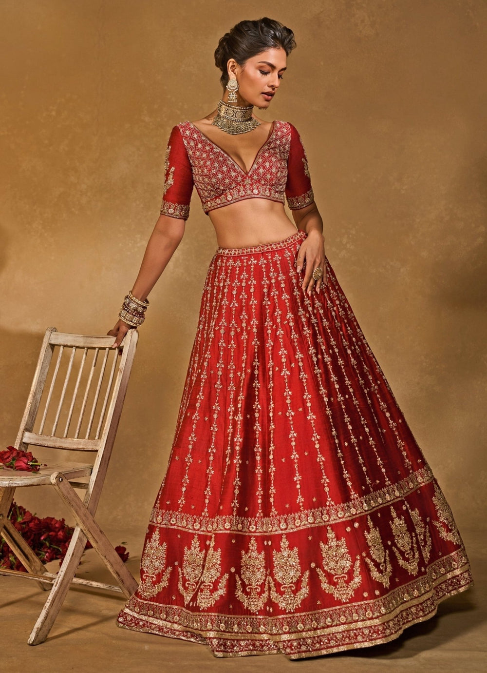 Red Raw Silk Lehenga With Banarasi Dupatta Chamee & Palak - Fabilicious Fashion