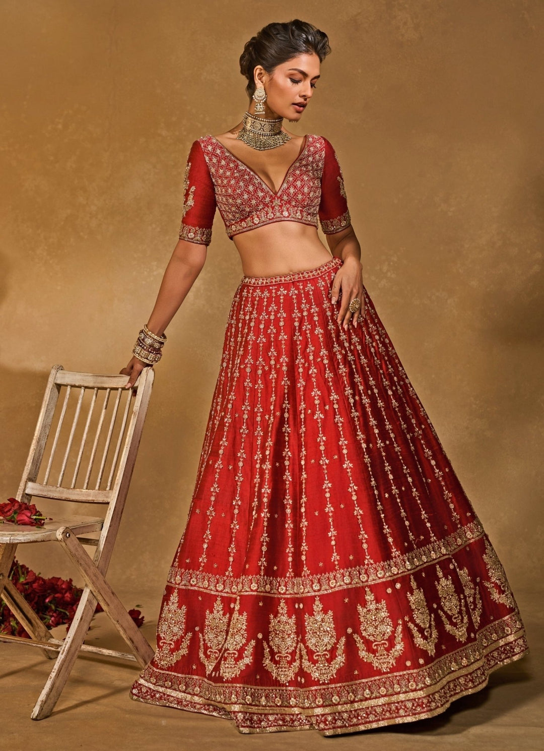 Red Raw Silk Lehenga With Banarasi Dupatta Chamee & Palak - Fabilicious Fashion