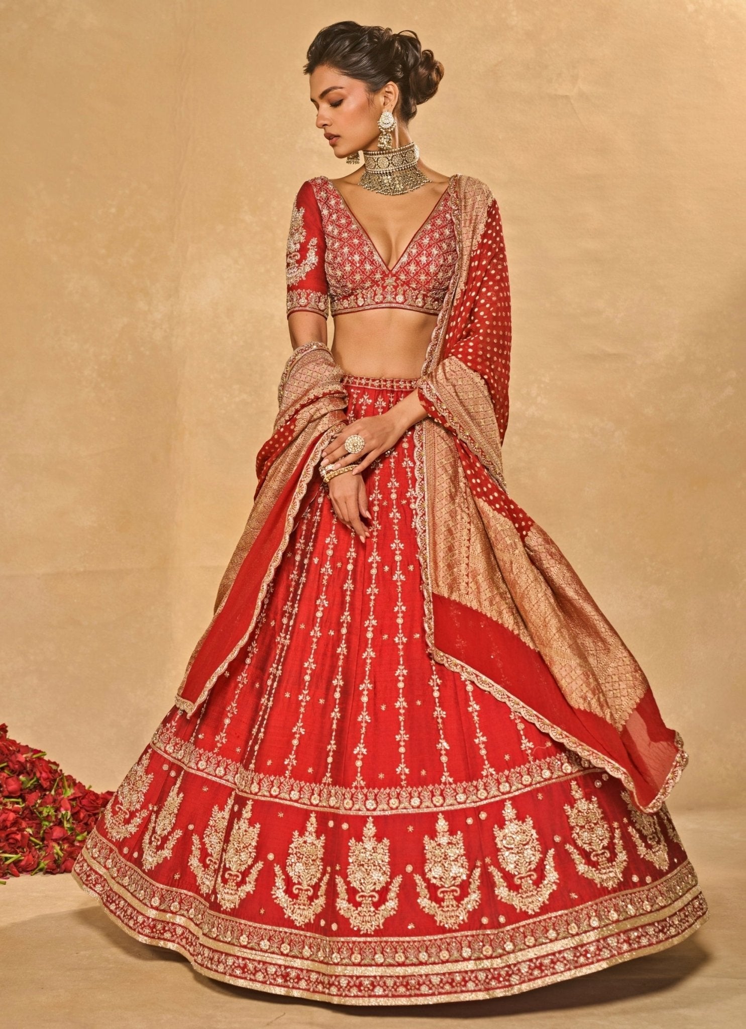 Sindoori red raw silk bridal lehenga with handwoven Banarasi dupatta by Chamee & Palak