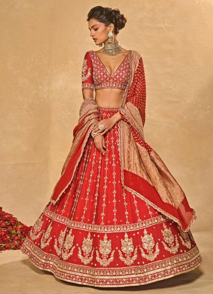 Red Raw Silk Lehenga With Banarasi Dupatta Chamee & Palak - Fabilicious Fashion