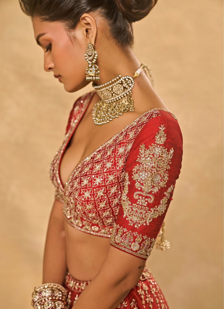 Red Raw Silk Lehenga With Banarasi Dupatta Chamee & Palak - Fabilicious Fashion