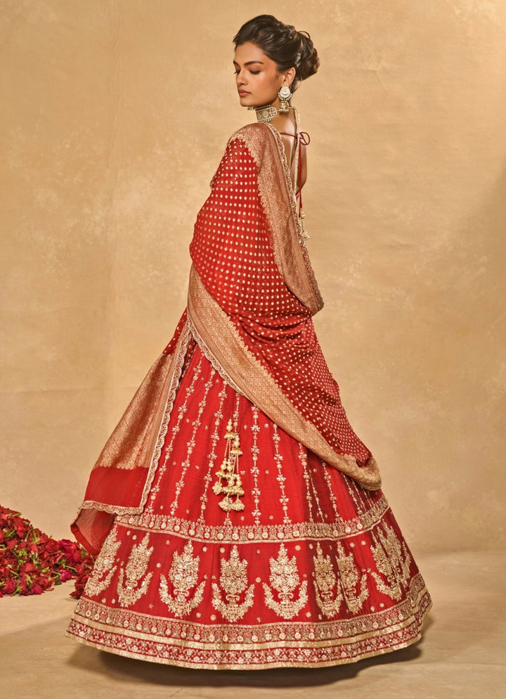 Red Raw Silk Lehenga With Banarasi Dupatta Chamee & Palak - Fabilicious Fashion