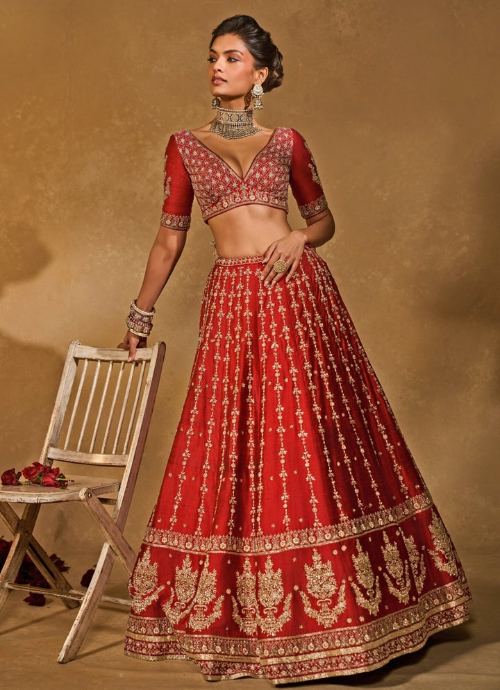 Red Raw Silk Lehenga With Banarasi Dupatta Chamee & Palak - Fabilicious Fashion