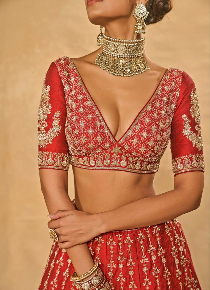 Red Raw Silk Lehenga With Banarasi Dupatta Chamee & Palak - Fabilicious Fashion
