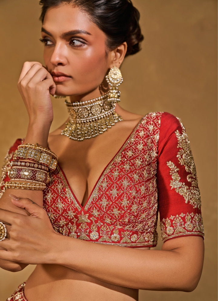 Red Raw Silk Lehenga With Banarasi Dupatta Chamee & Palak - Fabilicious Fashion