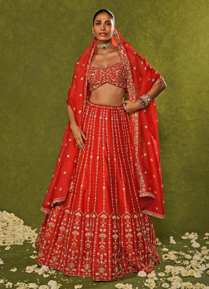 Red Raw Silk Lehenga Chamee &amp; Palak - Fabilicious Fashion