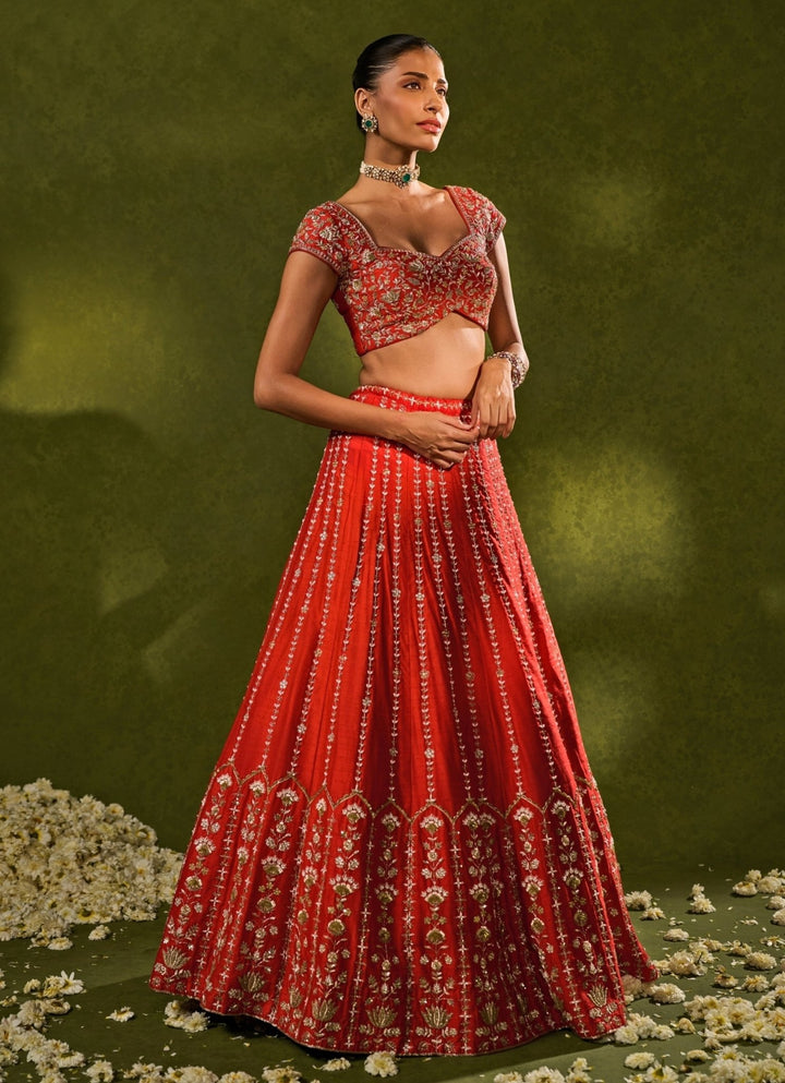 Red Raw Silk Lehenga Chamee &amp; Palak - Fabilicious Fashion
