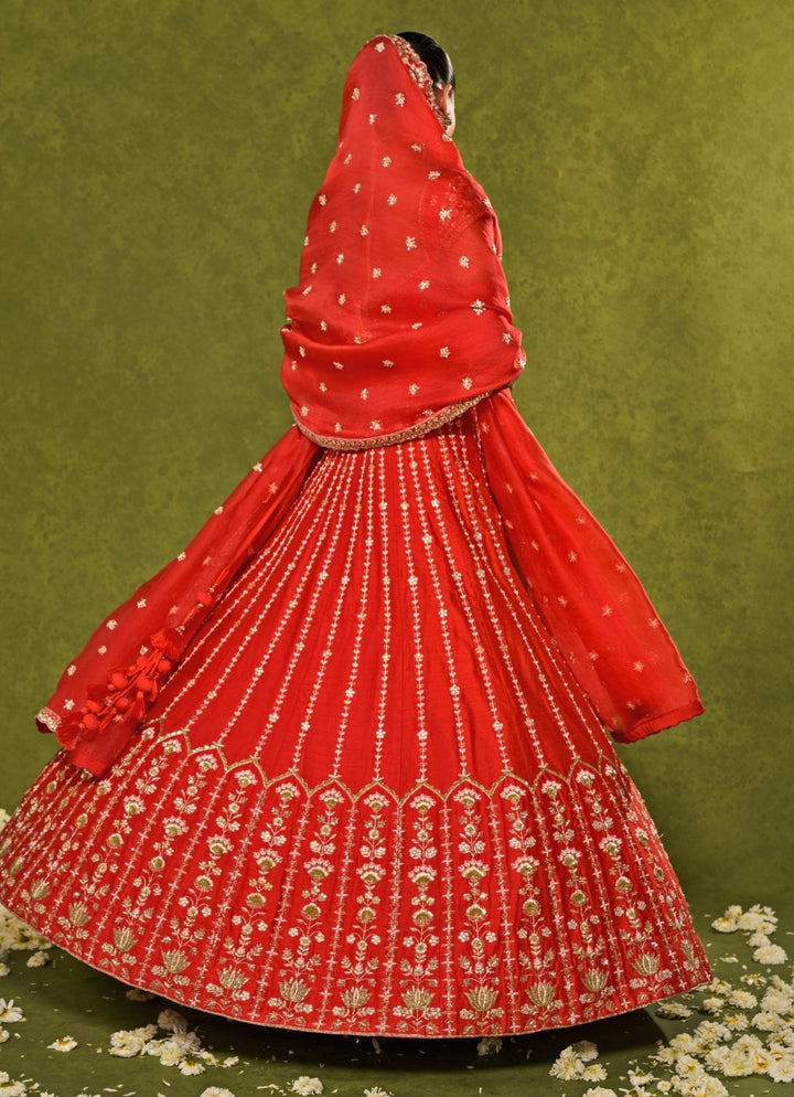 Red Raw Silk Lehenga Chamee &amp; Palak - Fabilicious Fashion