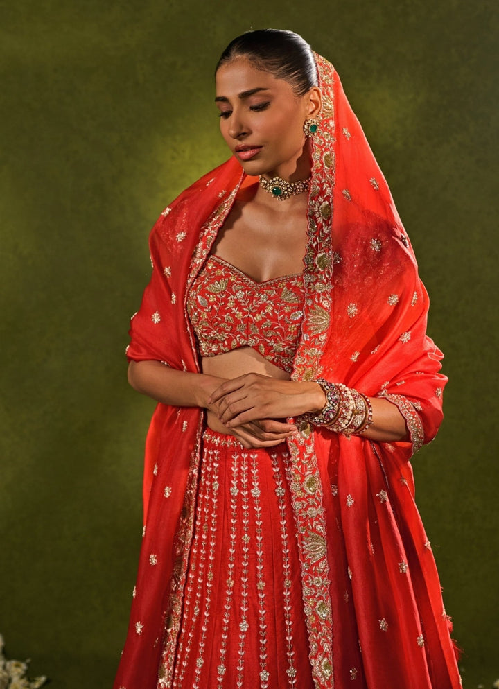 Red Raw Silk Lehenga Chamee &amp; Palak - Fabilicious Fashion