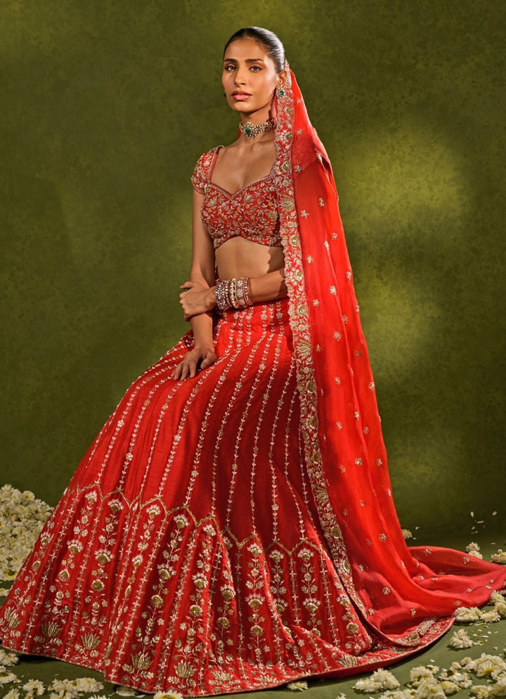 Red Raw Silk Lehenga Chamee &amp; Palak - Fabilicious Fashion