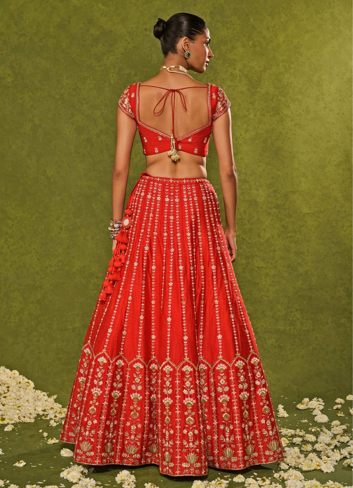 Red Raw Silk Lehenga Chamee &amp; Palak - Fabilicious Fashion
