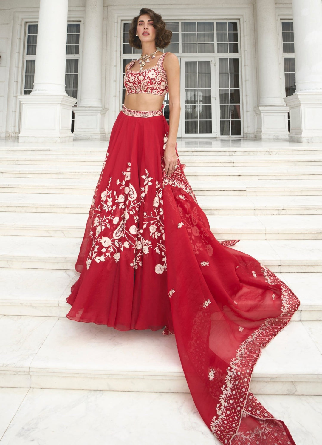 Red Resham Embroidered Pure Silk Organza Lehenga Set Sanya Gulati - Fabilicious Fashion