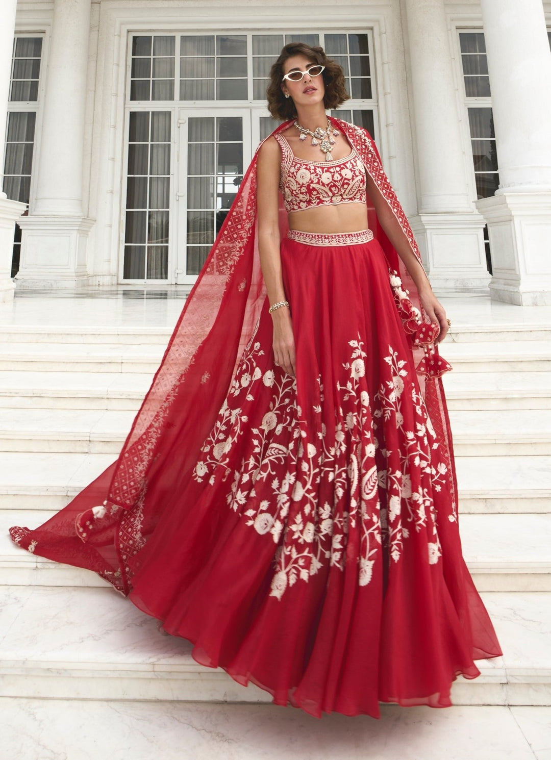 Red Resham Embroidered Pure Silk Organza Lehenga Set Sanya Gulati - Fabilicious Fashion