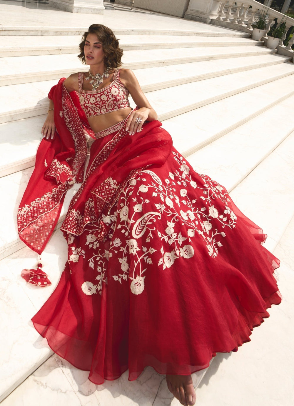 Red Resham Embroidered Pure Silk Organza Lehenga Set Sanya Gulati - Fabilicious Fashion