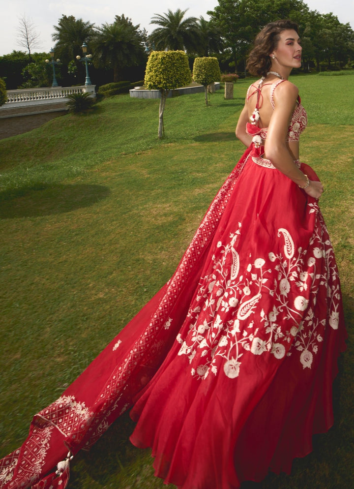 Red Resham Embroidered Pure Silk Organza Lehenga Set Sanya Gulati - Fabilicious Fashion