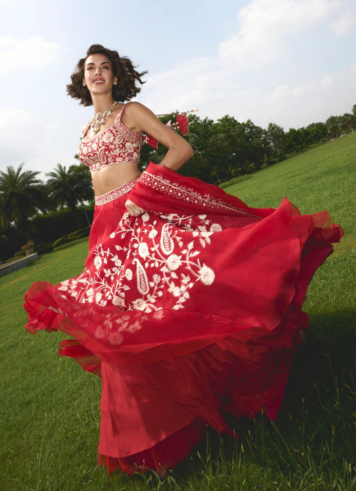 Red Resham Embroidered Pure Silk Organza Lehenga Set Sanya Gulati - Fabilicious Fashion