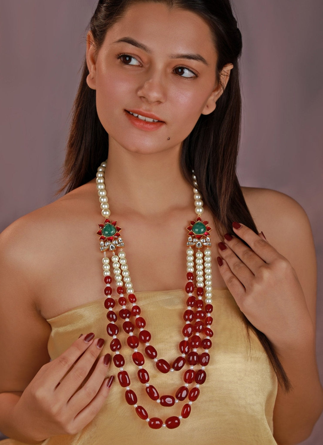 Red Ruby And Pearl Rajwadu Style Long Maala Kalyani Indian Jewelry - Fabilicious Fashion