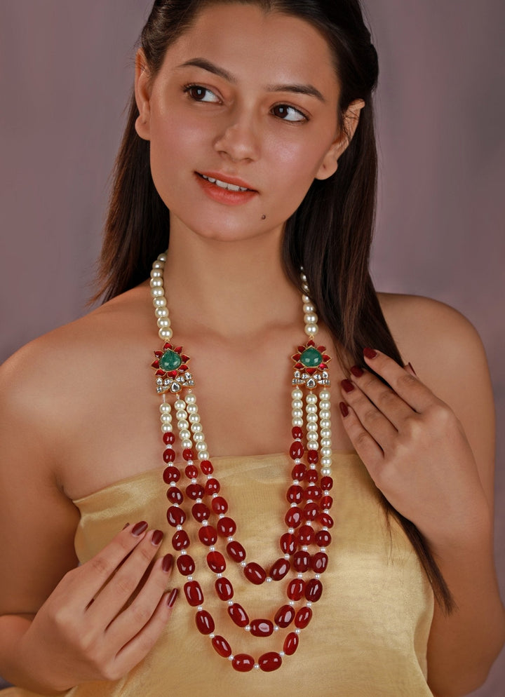 Red Ruby And Pearl Rajwadu Style Long Maala Kalyani Indian Jewelry - Fabilicious Fashion