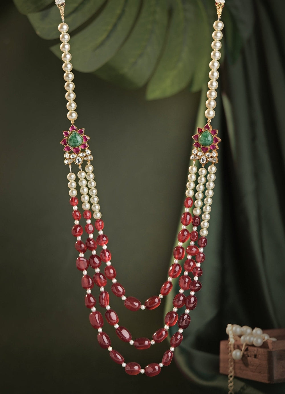 Red Ruby And Pearl Rajwadu Style Long Maala Kalyani Indian Jewelry - Fabilicious Fashion