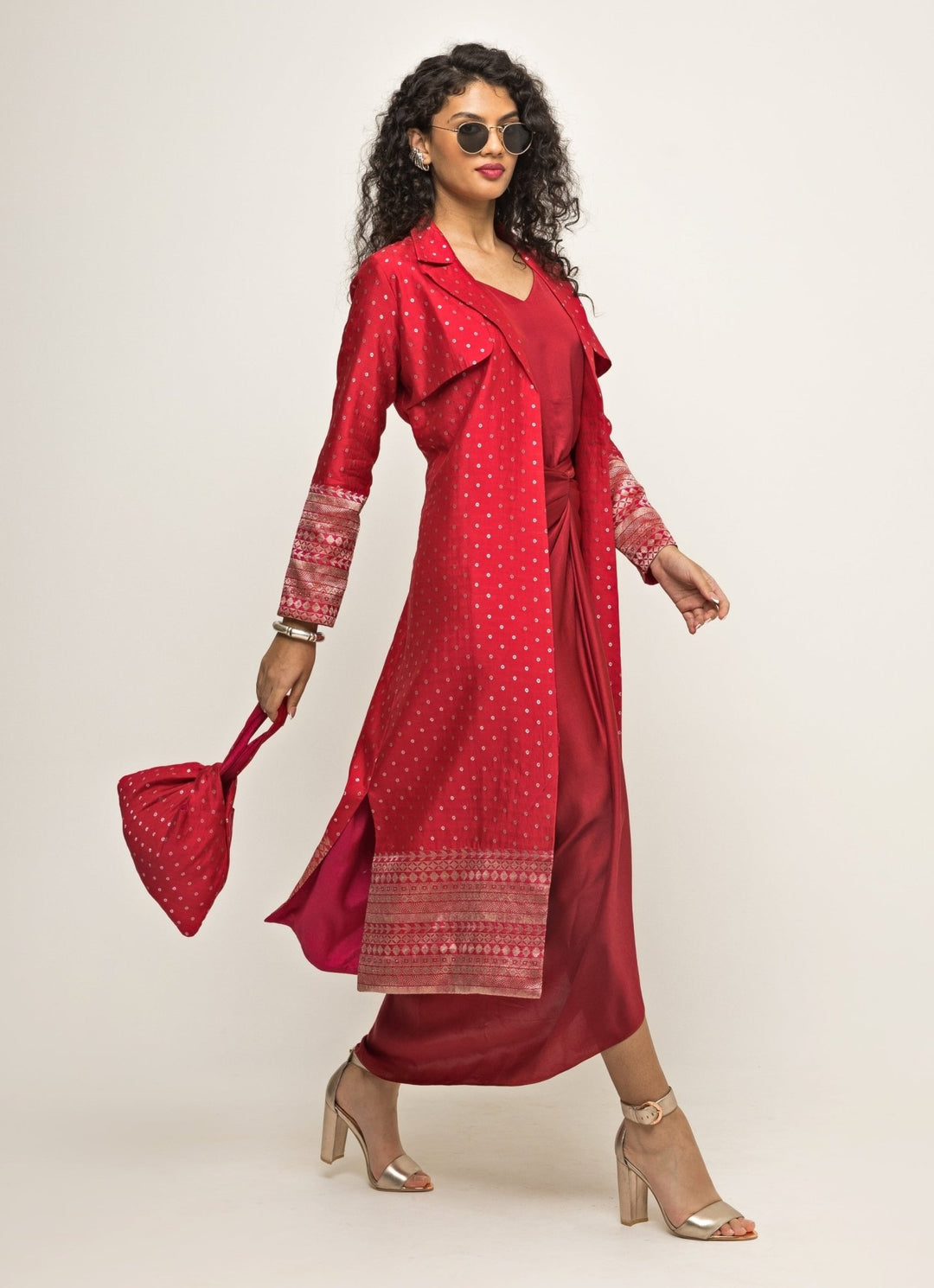 Red Satin Asymmetric Dress With Jacket Sobariko - Fabilicious Fashion