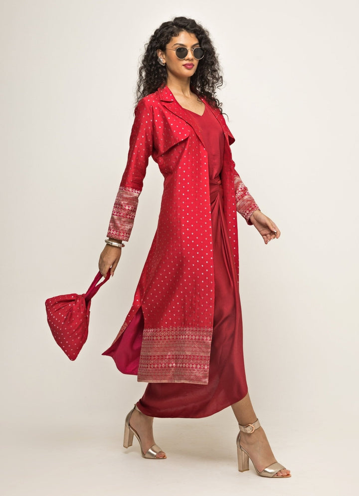 Red Satin Asymmetric Dress With Jacket Sobariko - Fabilicious Fashion