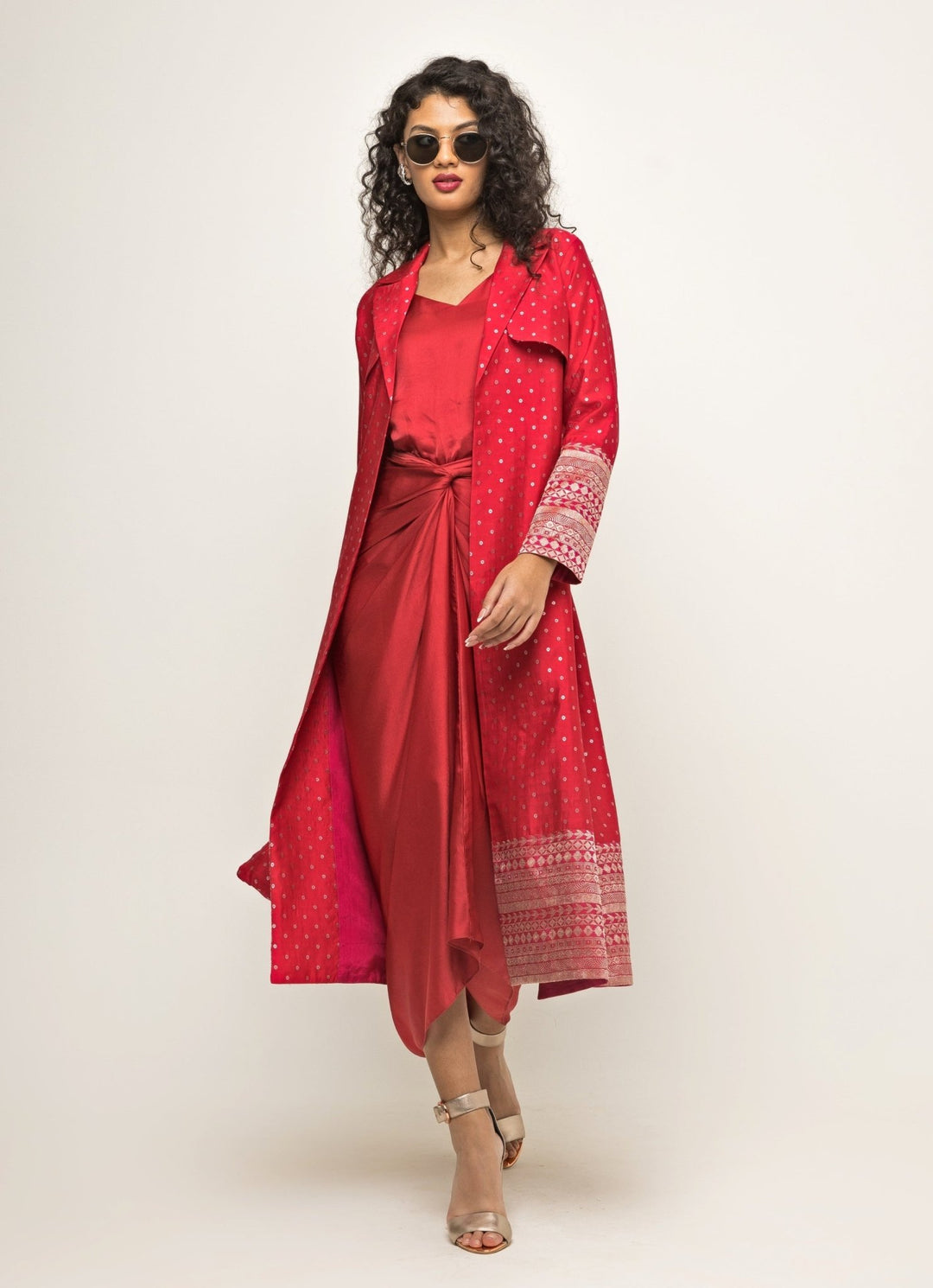 Red Satin Asymmetric Dress With Jacket Sobariko - Fabilicious Fashion