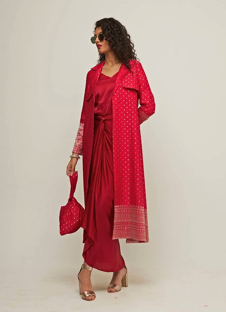 Red Satin Asymmetric Dress With Jacket Sobariko - Fabilicious Fashion