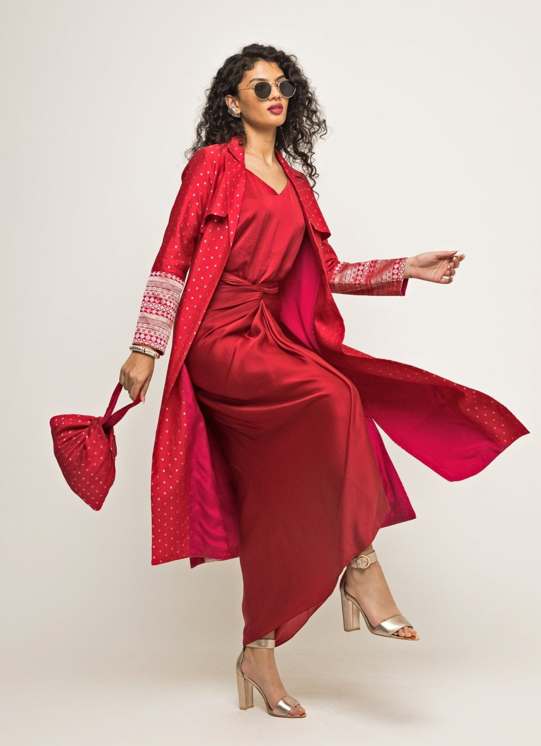 Red Satin Asymmetric Dress With Jacket Sobariko - Fabilicious Fashion