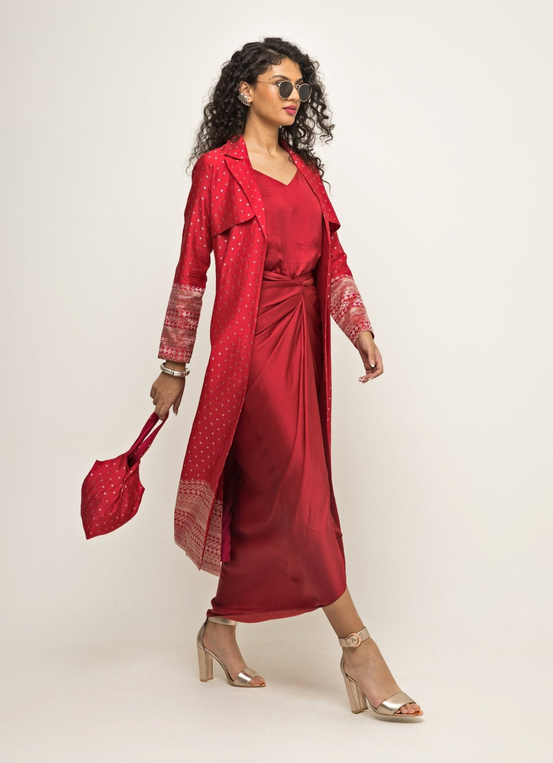 Red Satin Asymmetric Dress With Jacket Sobariko - Fabilicious Fashion