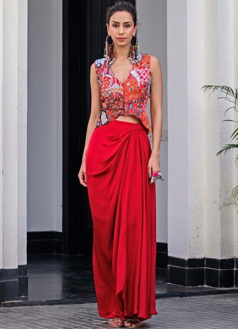 Red Satin Dhoti Skirt With Embroidered Cape Juhi Bengani - Fabilicious Fashion