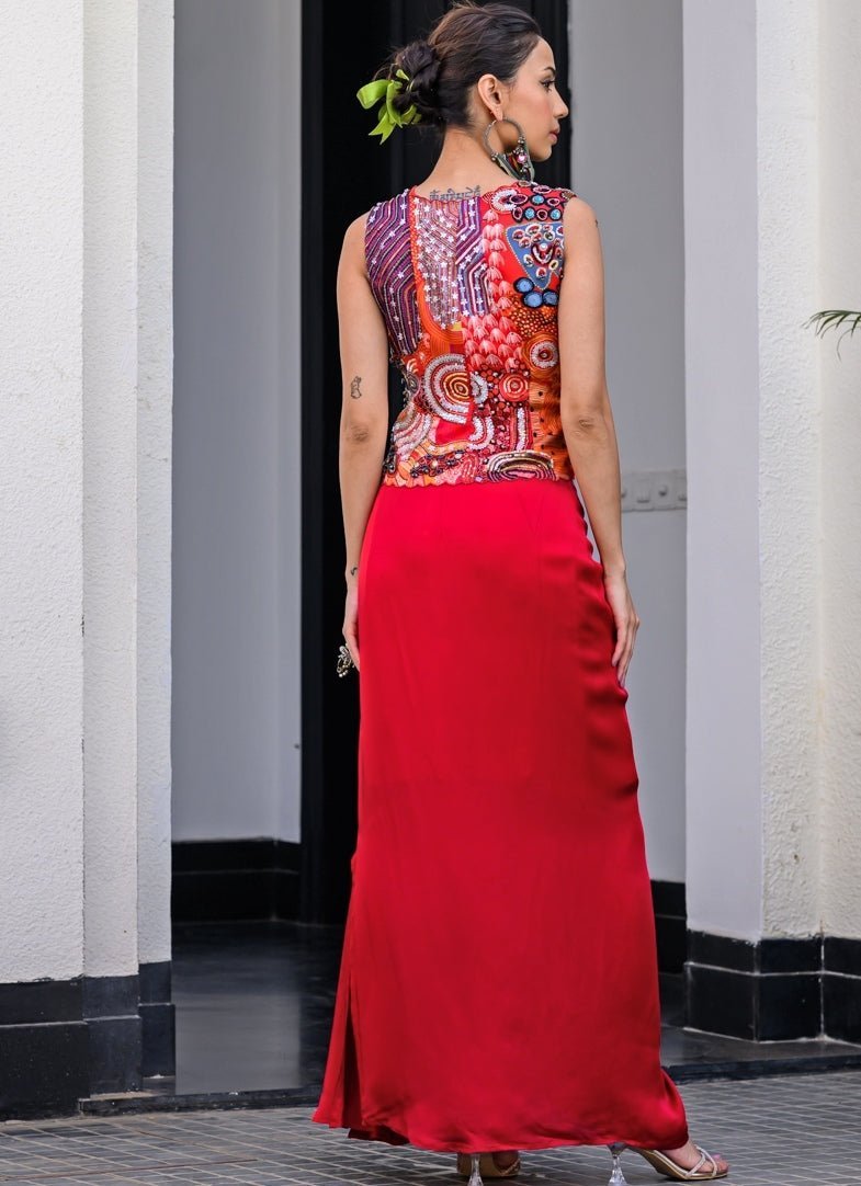 Red Satin Dhoti Skirt With Embroidered Cape Juhi Bengani - Fabilicious Fashion