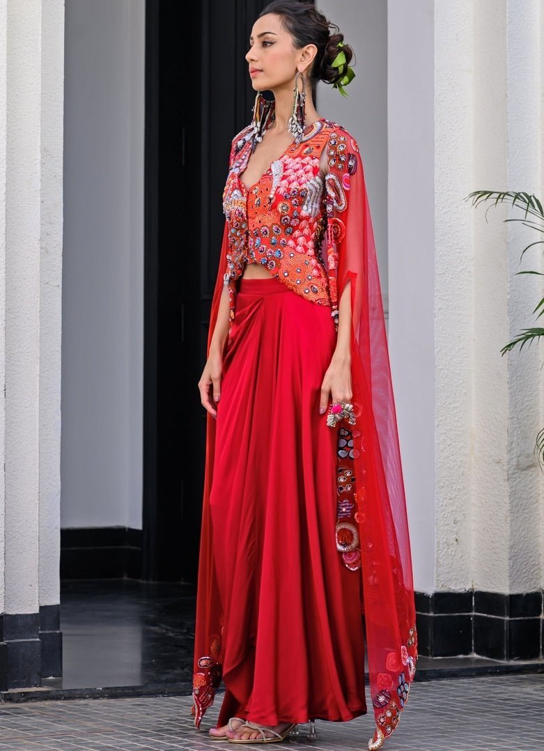 Red Satin Dhoti Skirt With Embroidered Cape Juhi Bengani - Fabilicious Fashion