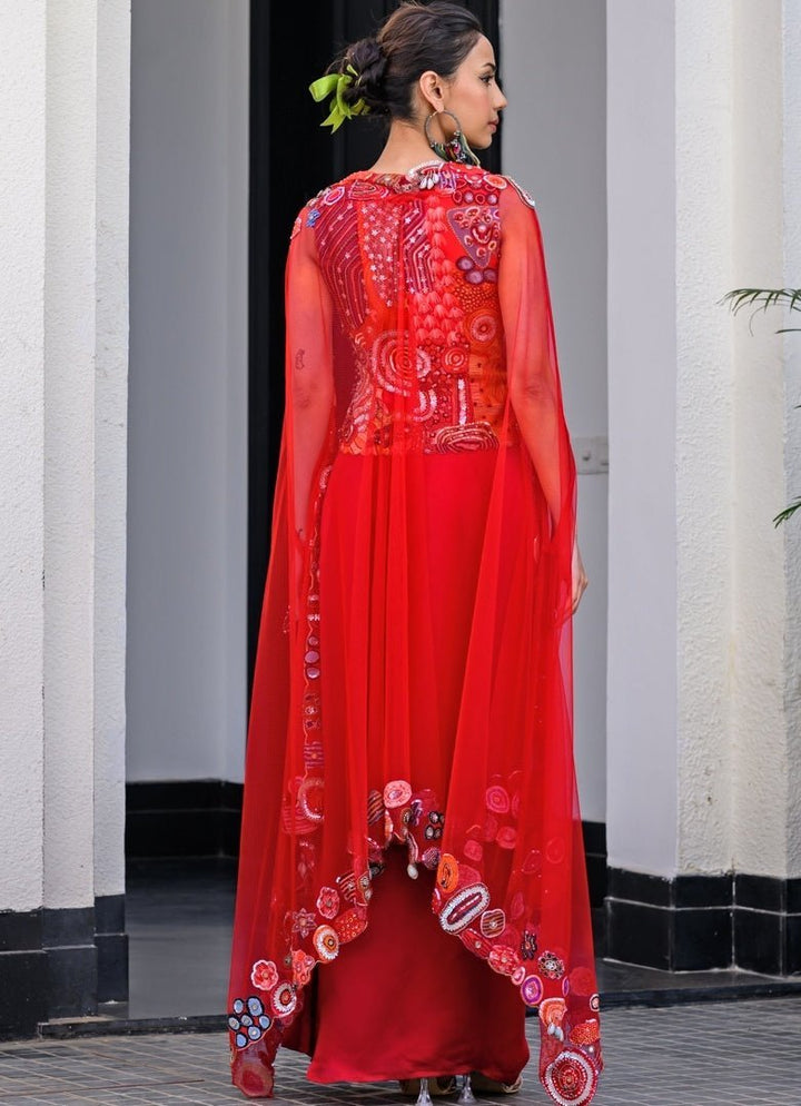 Red Satin Dhoti Skirt With Embroidered Cape Juhi Bengani - Fabilicious Fashion