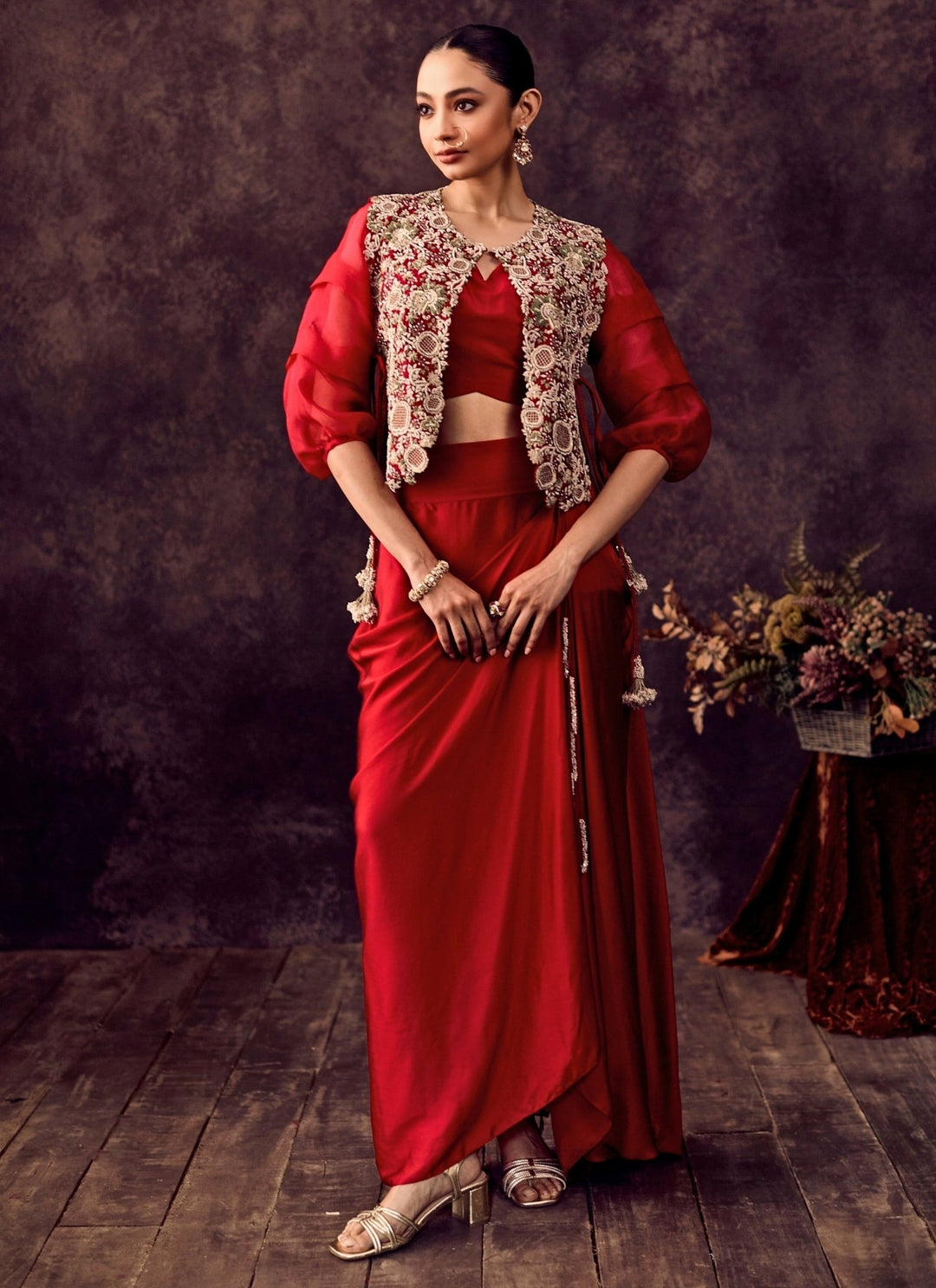 Prisho Red Satin Drape Skirt Set With JacketFabilicious Fashion