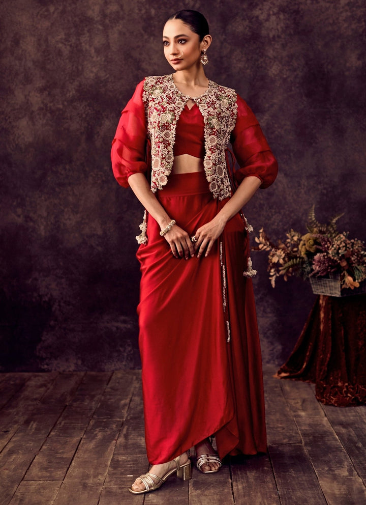 Prisho Red Satin Drape Skirt Set With JacketFabilicious Fashion