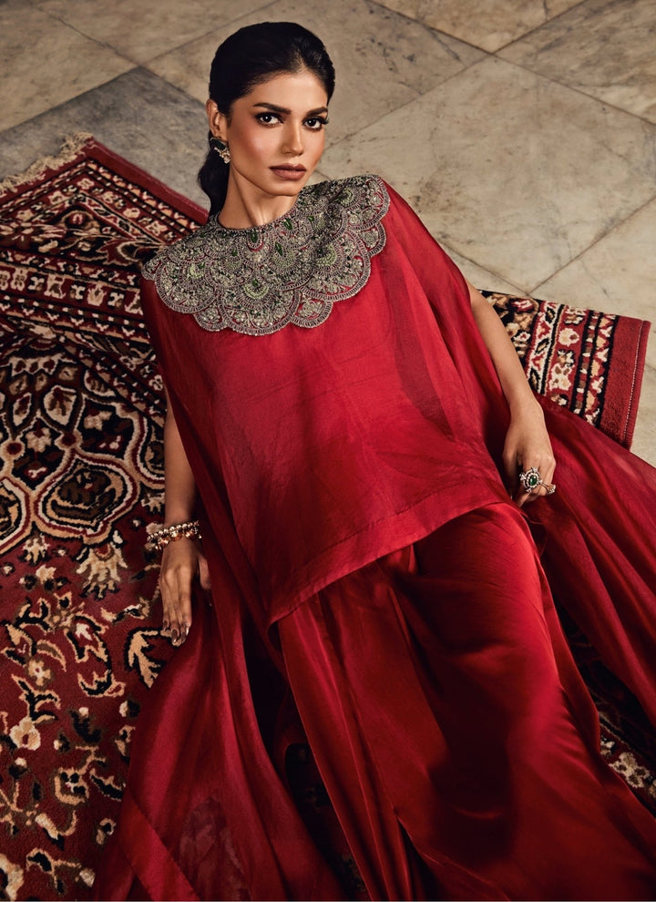 Prisho Red Satin Drape Skirt With Kaftan TopFabilicious Fashion