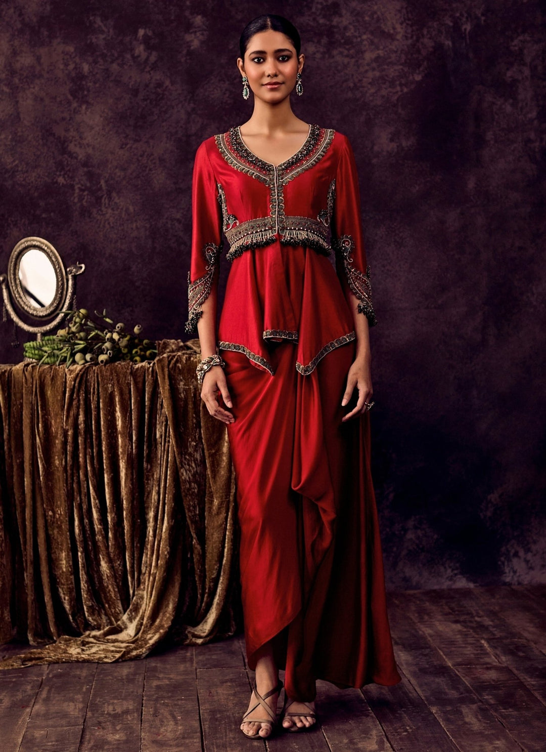 Prisho Red Satin Drape Skirt With Peplum TopFabilicious Fashion