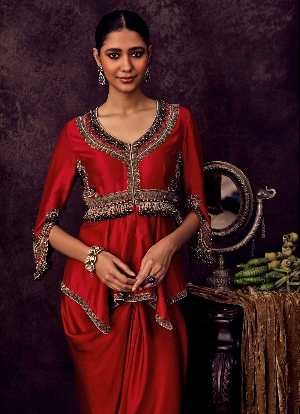 Prisho Red Satin Drape Skirt With Peplum TopFabilicious Fashion