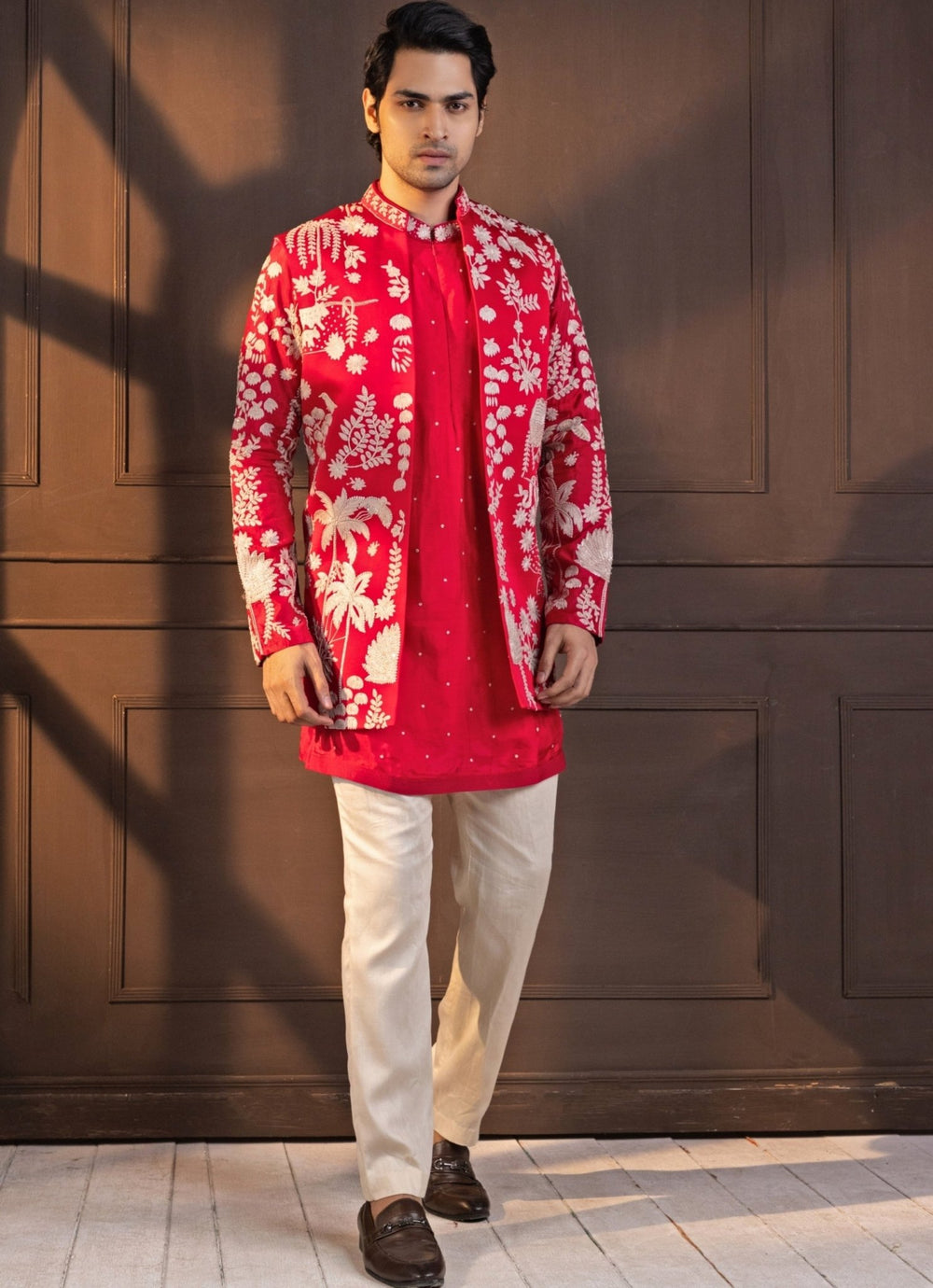 Red Satin Embroidered Nehru Jacket Smriti - Fabilicious Fashion