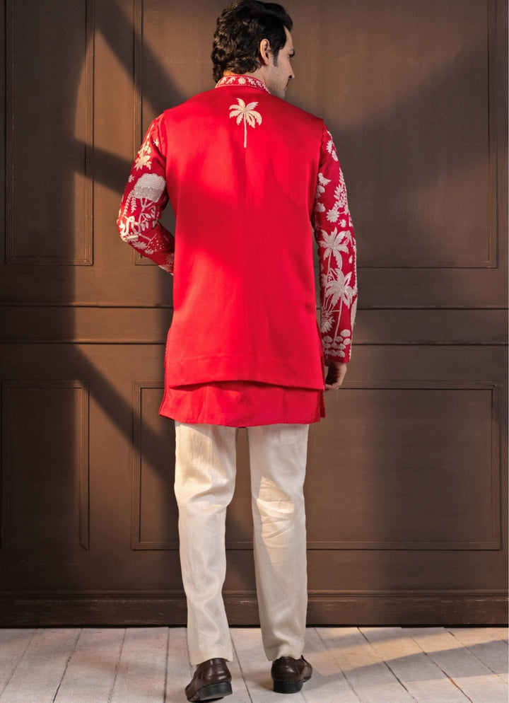 Red Satin Embroidered Nehru Jacket Smriti - Fabilicious Fashion