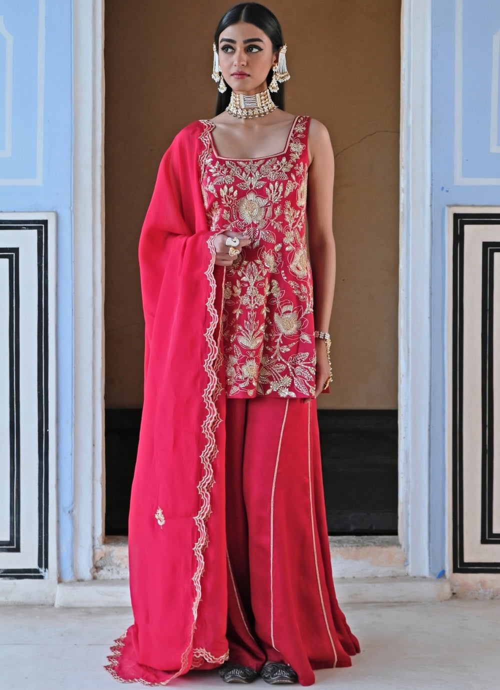 Red Satin Floral Embroidered Kurta Palazzo Set Ease - Fabilicious Fashion